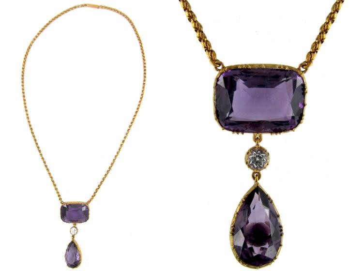 Victorian 18ct Gold Amethyst & Diamond Drop Pendant