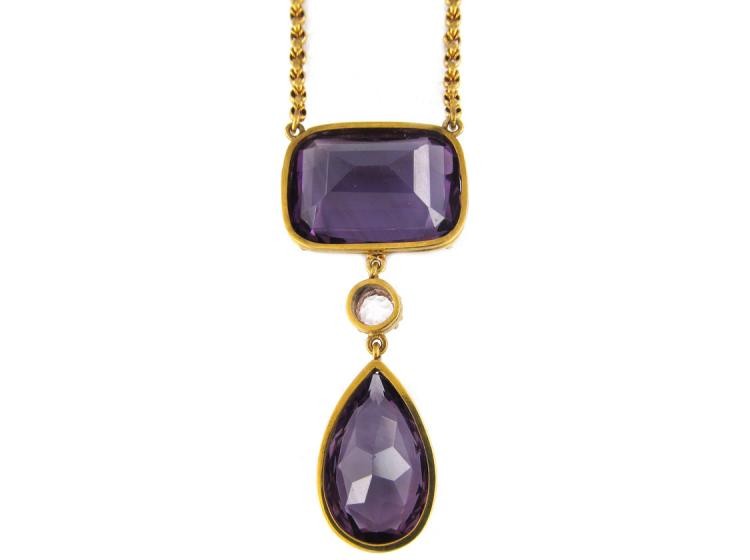 Victorian 18ct Gold Amethyst & Diamond Drop Pendant