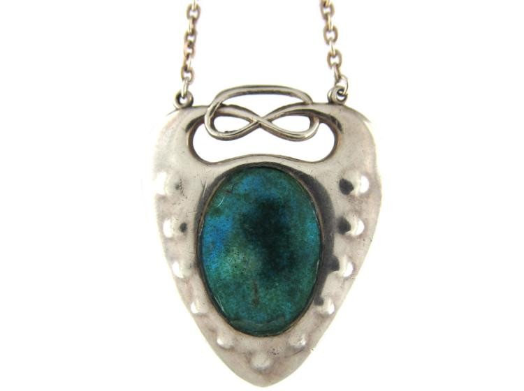 Art Nouveau Silver & Enamel Pendant on Chain by Charles Horner