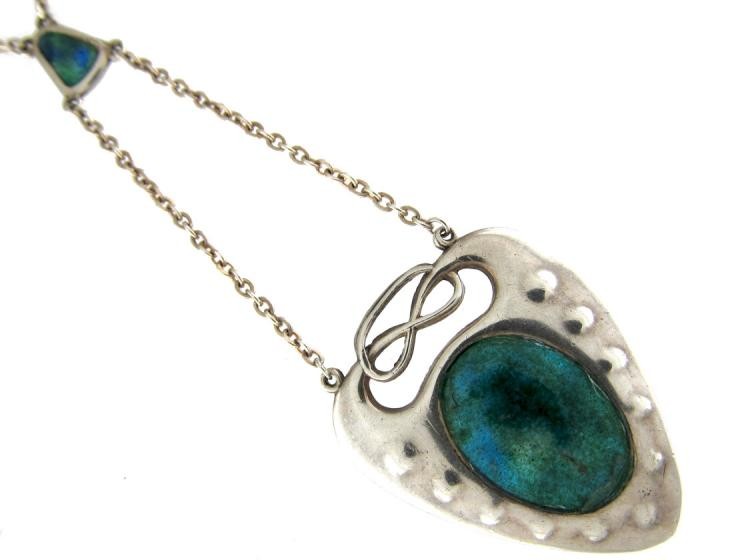 Art Nouveau Silver & Enamel Pendant on Chain by Charles Horner