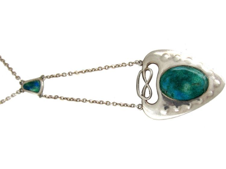Art Nouveau Silver & Enamel Pendant on Chain by Charles Horner