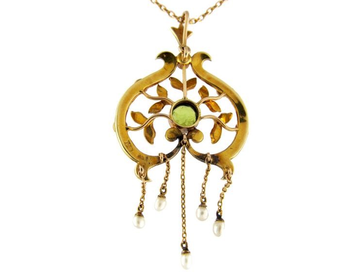 Peridot & Pearl 15ct Gold Pendant on Chain