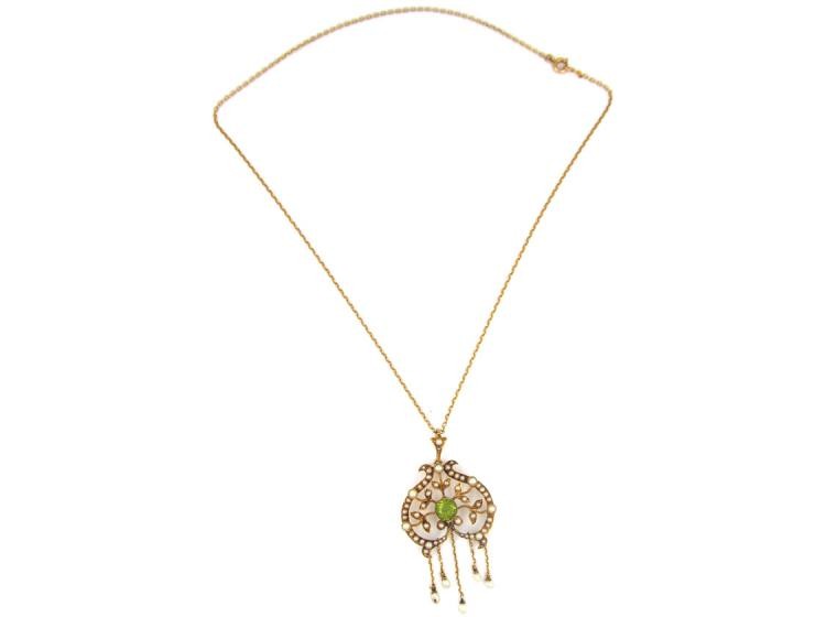 Peridot & Pearl 15ct Gold Pendant on Chain