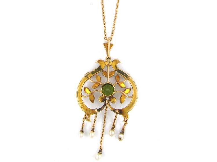 Peridot & Pearl 15ct Gold Pendant on Chain