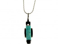 Art Deco Silver, Amazonite & Onyz Pendant on Chain