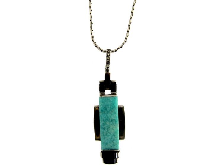 Art Deco Silver, Amazonite & Onyz Pendant on Chain
