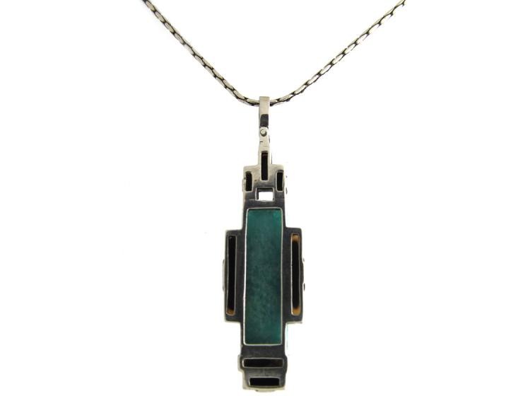 Art Deco Silver, Amazonite & Onyz Pendant on Chain