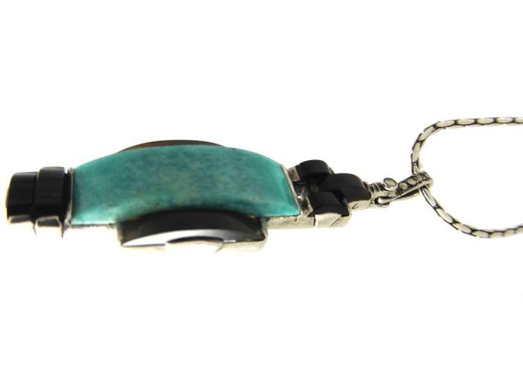 Art Deco Silver, Amazonite & Onyz Pendant on Chain