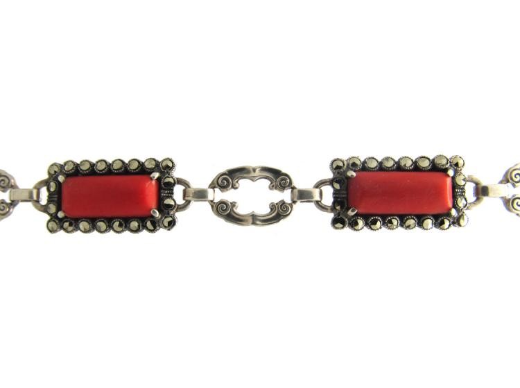 Art Deco Silver Marcasite & Coral Necklace