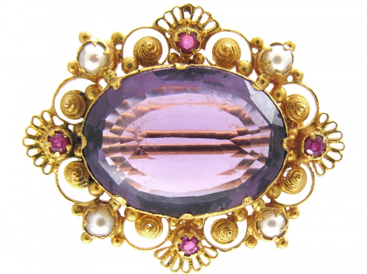 Regency Open Scrollwork Amethyst & Yellow Gold Brooch