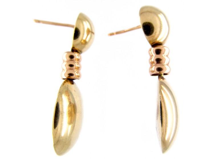 Two Colour Gold Double Disk Drop Earrings