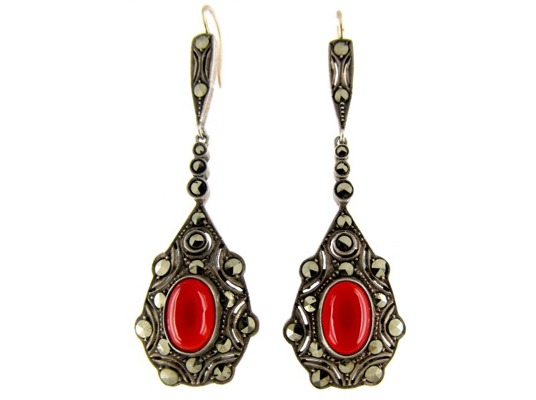 Art Deco Marcasite Drop Earrings Set with Carnelian