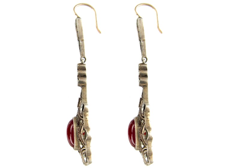 Art Deco Marcasite Drop Earrings Set with Carnelian