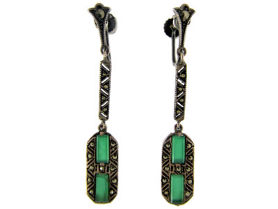 Art Deco Marcasite Drop Earrings set with Green Chalcedony
