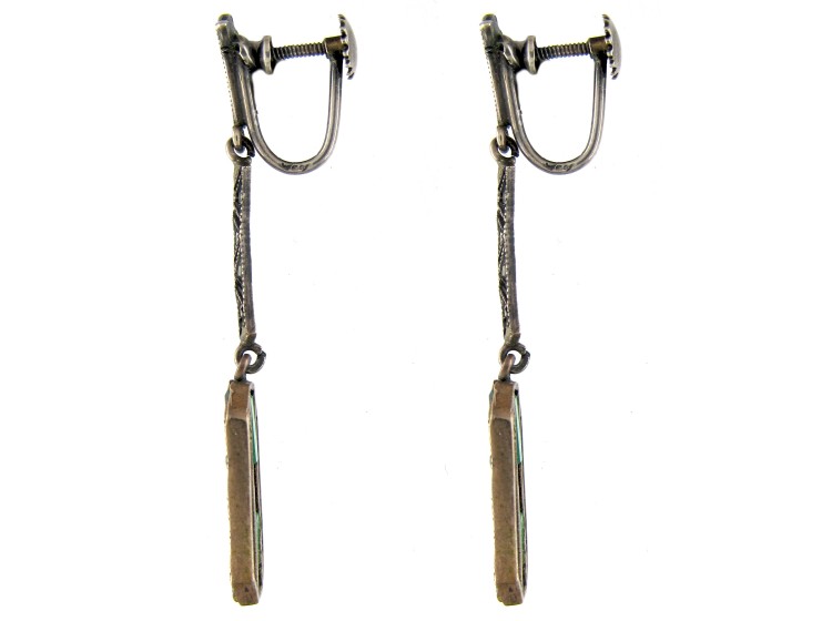 Art Deco Marcasite Drop Earrings set with Green Chalcedony