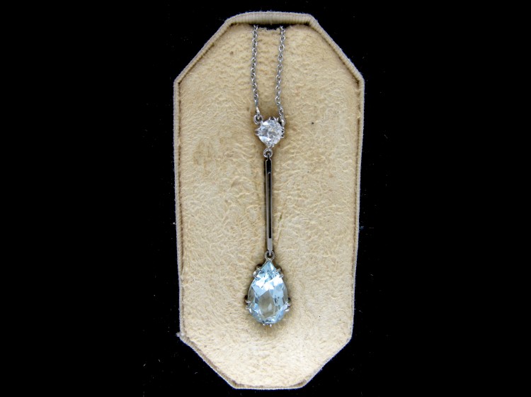 Art Deco Diamond & Aquamarine Pendant in Original Case
