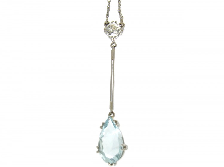 Art Deco Diamond & Aquamarine Pendant in Original Case