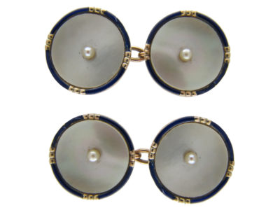9ct Gold Mother of Pearl & Blue Enamel Cufflinks