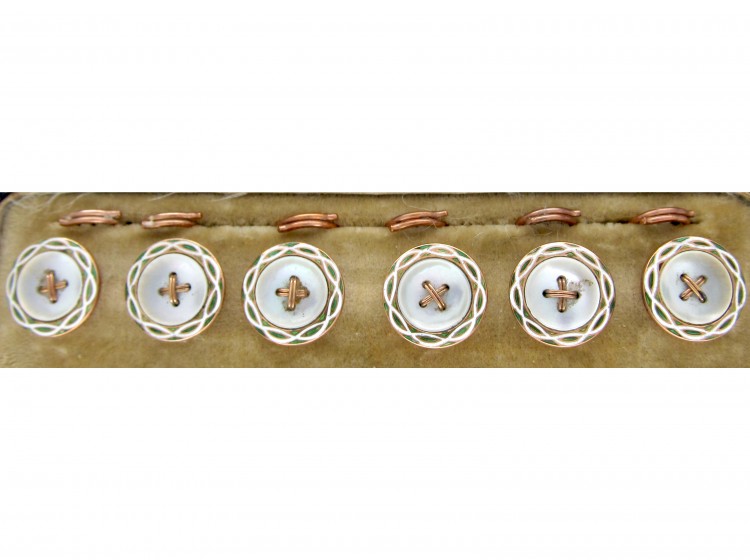 Set of Six Gold & Enamel Buttons in Original Case