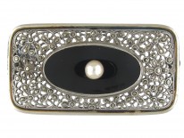 Art Deco Silver Marcasite, Onyx & Pearl Brooch