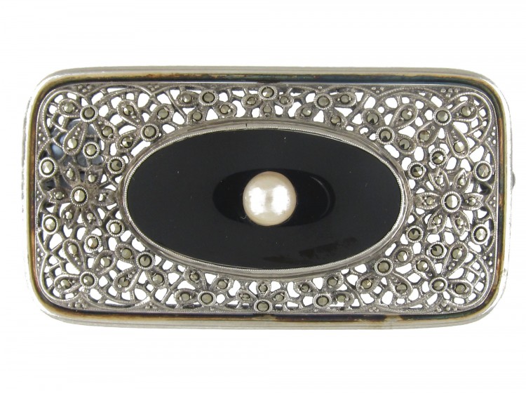 Art Deco Silver Marcasite, Onyx & Pearl Brooch