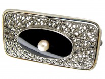 Art Deco Silver Marcasite, Onyx & Pearl Brooch