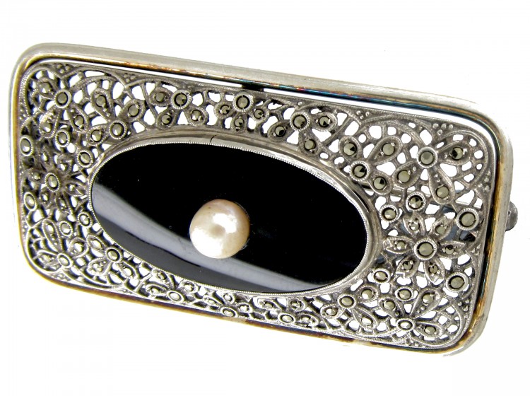 Art Deco Silver Marcasite, Onyx & Pearl Brooch