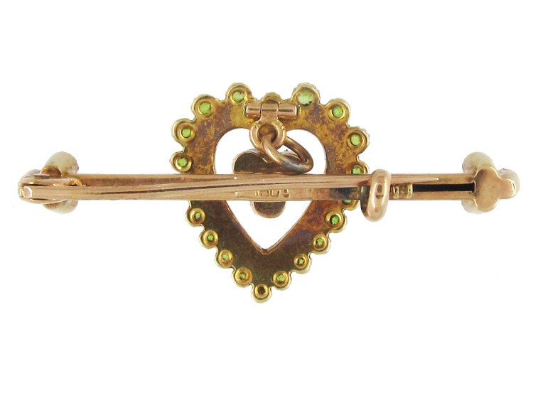 Edwardian 15ct Gold, Green Garnet & Natural Split Pearl Heart Brooch