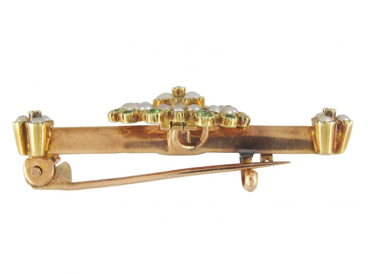 Edwardian 15ct Gold, Green Garnet & Natural Split Pearl Heart Brooch