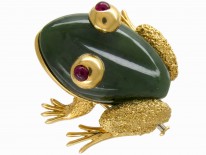 Nephrite Jade & Ruby Frog Brooch