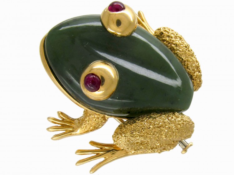 Nephrite Jade & Ruby Frog Brooch
