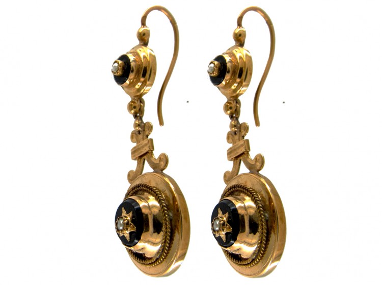 Victorian 18ct Gold & Onyx Drop Earrings