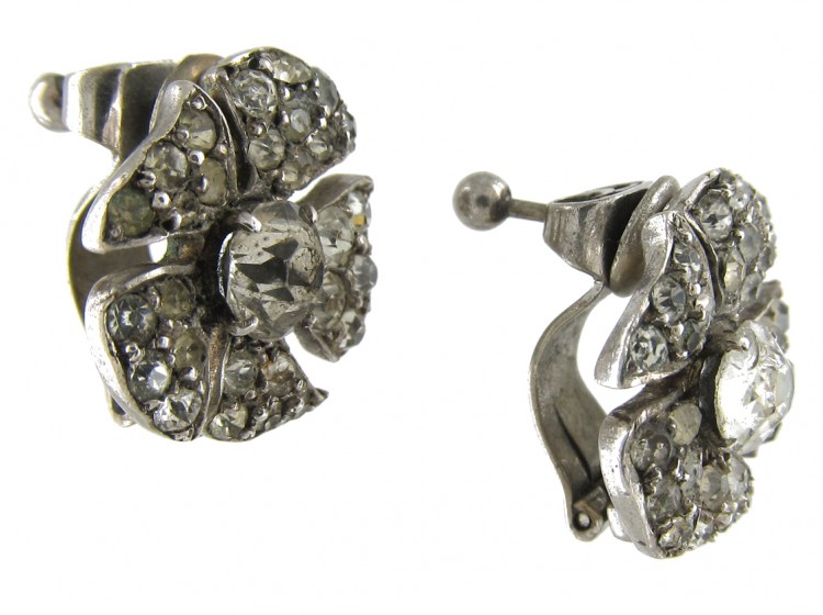 Silver & Paste Flower Clip on Earrings