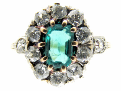 Edwardian 18ct Gold, Emerald & Diamond Cluster Ring
