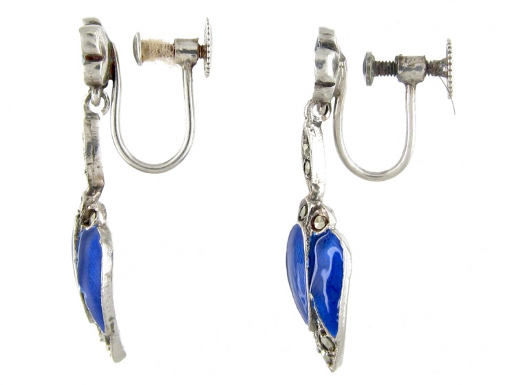 Silver, Marcasite & Blue enamel Art Deco Drop Earrings