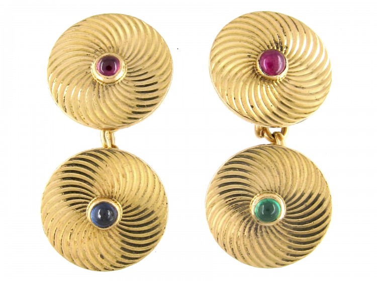 Art Deco Gold, Ruby & Emerald Round Cufflinks of Spiral Design