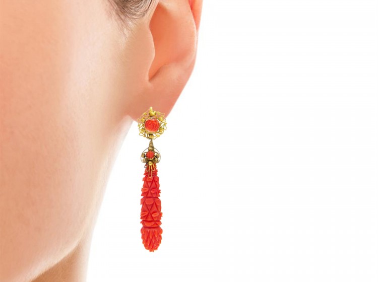 Carved Coral Regency Drop Earrings
