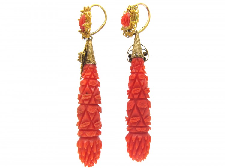Carved Coral Regency Drop Earrings