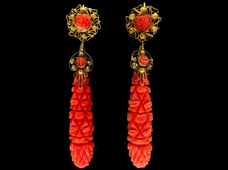 Carved Coral Regency Drop Earrings