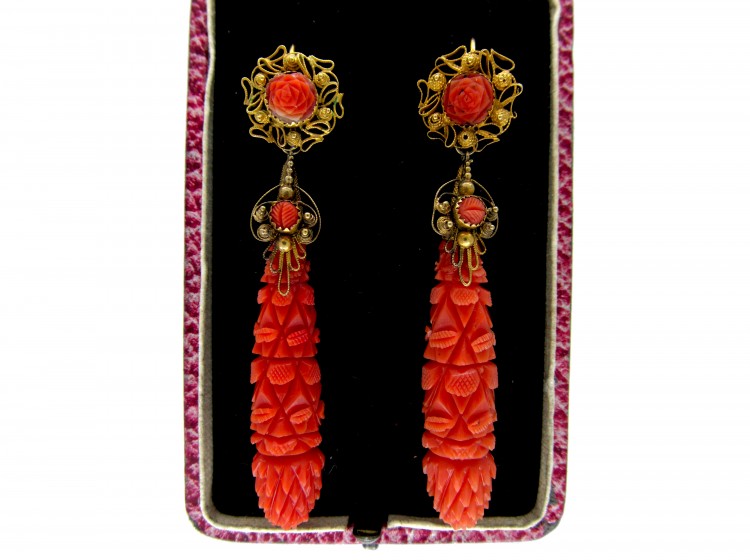 Carved Coral Regency Drop Earrings