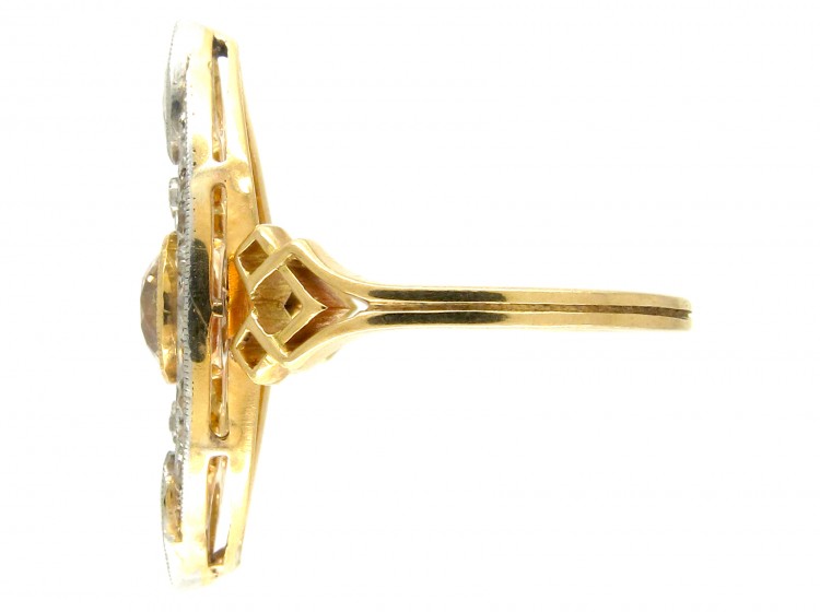 Art Deco Diamond Marquise Ring set with a Central Fancy Peach Diamond