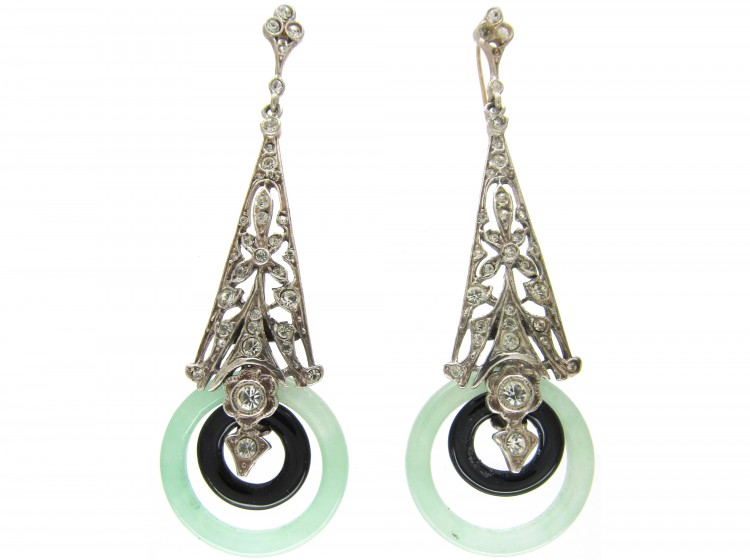 Art Deco Silver, Paste, Jade & Onyx Drop Earrings