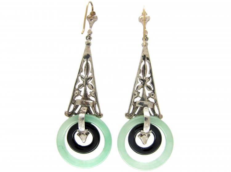 Art Deco Silver, Paste, Jade & Onyx Drop Earrings