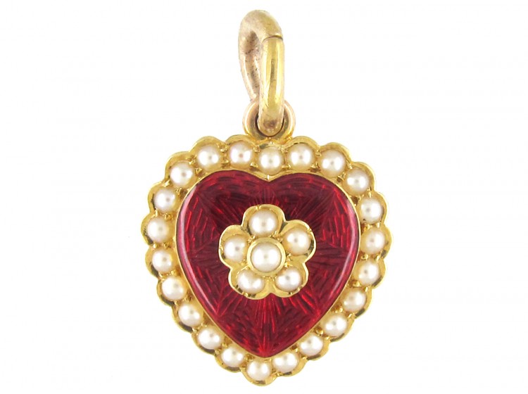 Gold, Guilloché Enamel & Seed Pearl Heart-Shaped Locket