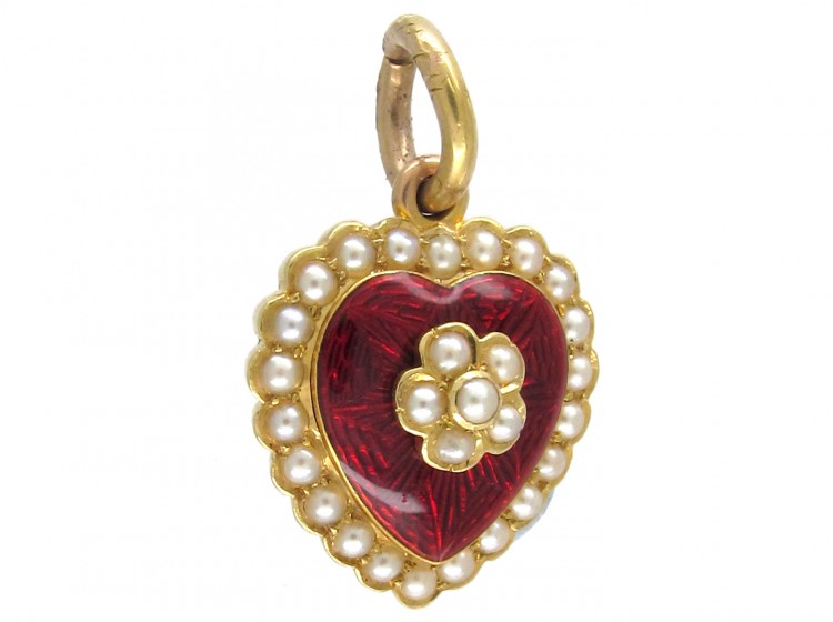 Gold, Guilloché Enamel & Seed Pearl Heart-Shaped Locket