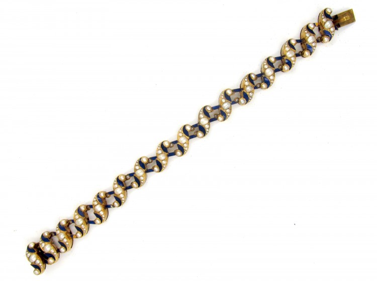 Victorian 18ct Royal Blue Enamel & Natural Split Pearl Bracelet
