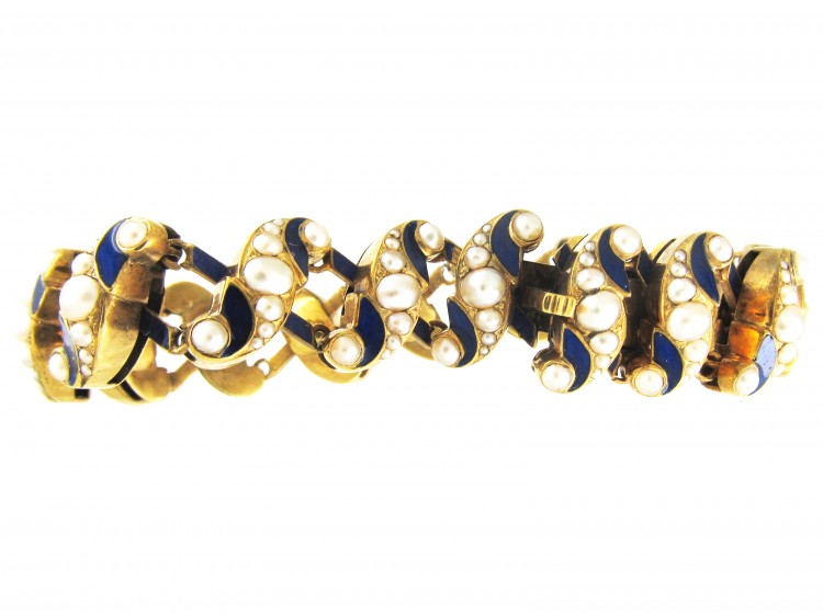 Victorian 18ct Royal Blue Enamel & Natural Split Pearl Bracelet