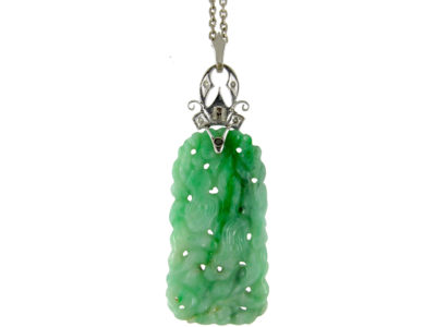 Art Deco 18ct White Gold & Carved Jade Pendant on a White Gold Chain