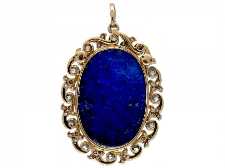 Lapis Lazuli & Diamond Art Nouveau Pendant on Chain