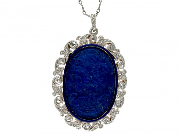 Lapis Lazuli & Diamond Art Nouveau Pendant on Chain